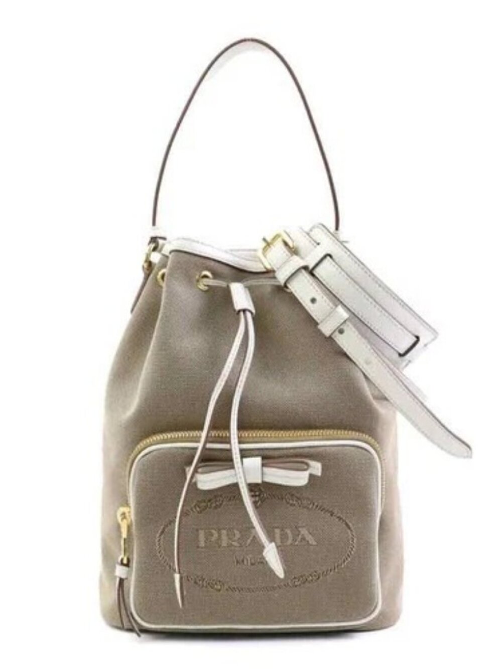Auth PRADA Handbag Shoulder Bag Brown/White Canvas/Leather/Goldtone - 90281k